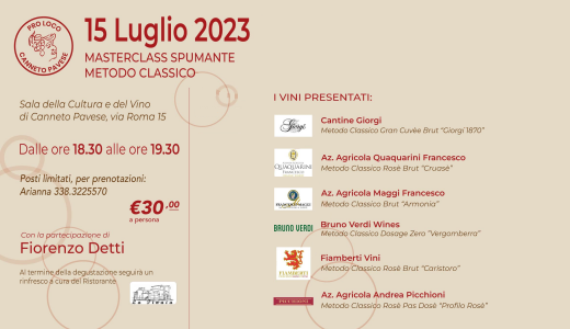 15 luglio 2023 – Canneto Pavese (PV)Masterclass sul Metodo Classico con Fiorenzo Detti